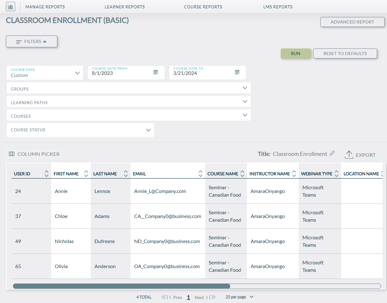 Course Reports - Classroom Enrollment