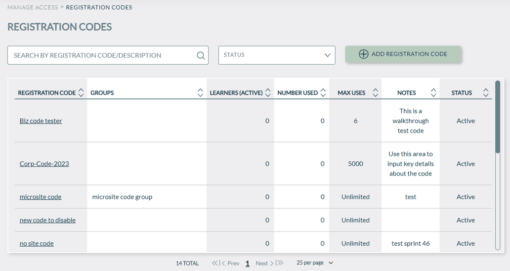 Adding a new registration code and assigning it to a group