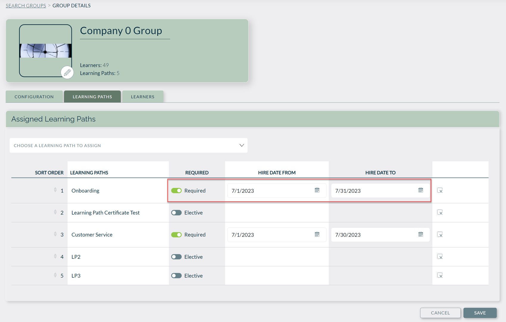How do I setup Learning Path Group Assignments based on Hire Date?