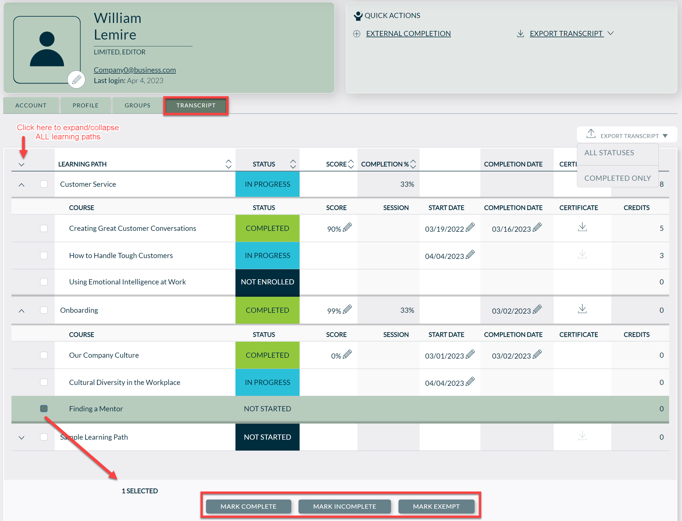 How do I view and manage Learner Transcripts?
